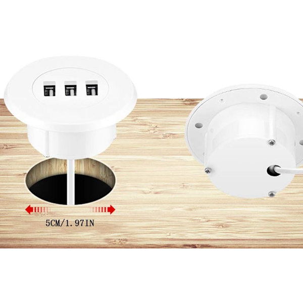 3-portars USB-bordsladdare Bordsladdningsstation monteras på 2,0\"/50 mm genomgående hål med adapter och 1,5 m ström Vit white