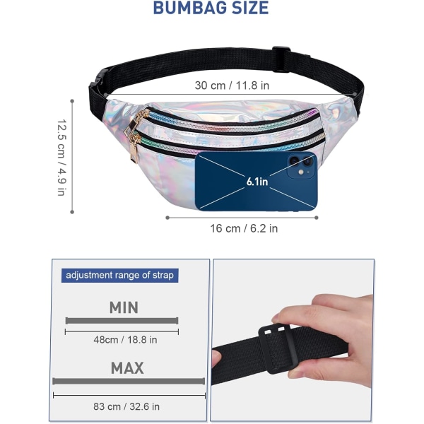 Bæltetaske til kvinder, vandafvisende hoftepose i metalfarve med 3 rum, skuldertasker til piger, skuldertasker til mobiltelefon, rejse, vandreture, farve