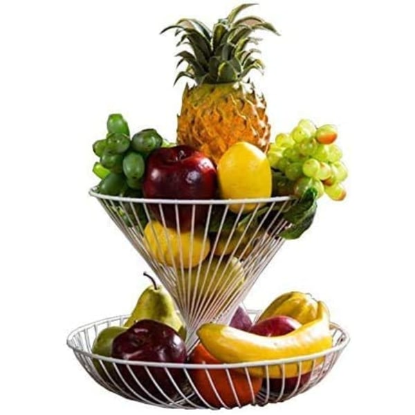 2-lags fruktutstillingsstativ i metall - Fruktkurv - Fruktkurv - Dekorativt brett - For mer plass på kjøkkenbenken - Hvit