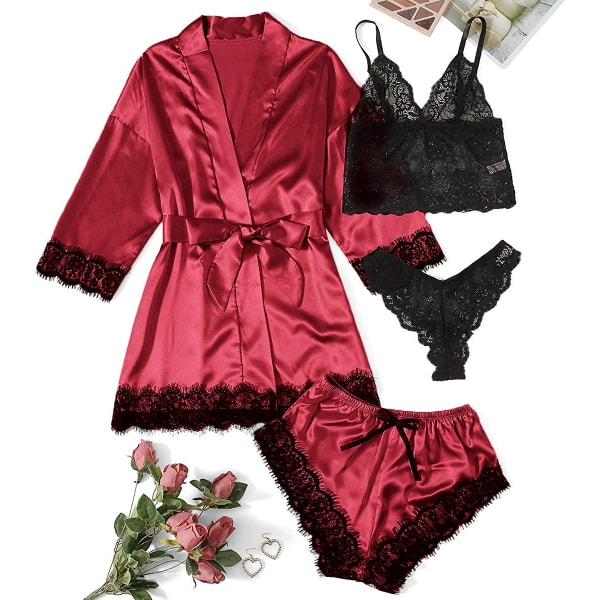 Naisten 4-osainen satiini kukkainen pitsi Cami Top Alusvaatteet Pyjama set  kaapulla 2bb5 | Fyndiq