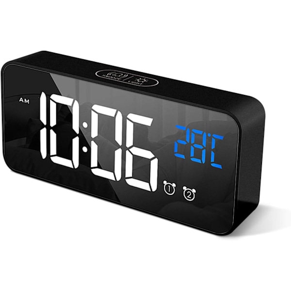 Digital vækkeur med stor LED-temperaturvisning, bærbar spejlalarm med dobbelt alarm-snooze-port til natbord, soveværelse