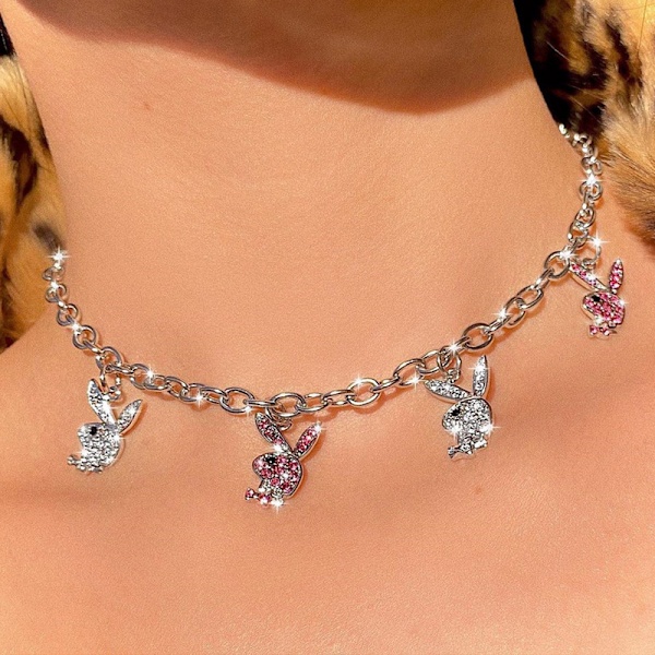 Rostfritt stål strass Playboy Bunny hänge punk kedja choker halsband för kvinnor