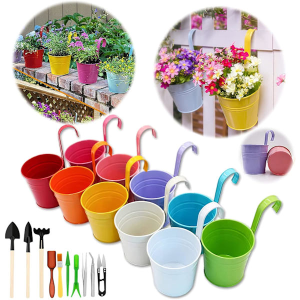 Ripustettava ruukku, suuri metalliruukku, värillinen aitaruukku, ripustussetti ilman tyhjennysreikää, irrotettava koukku, parveke, monivärinen Multicolored 26x13.5x9.3 cm upgraded