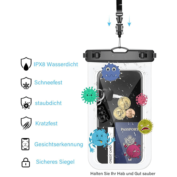 Vattentät mobiltelefonfodral, IPX8 vattentät, simning, bad, matlagning