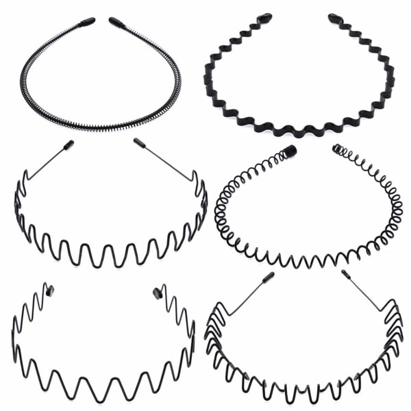 6 st metallhårband svart hårbåge fjäder våghårband multi-style unisex flexibla hårband accessoarer för kvinnor män