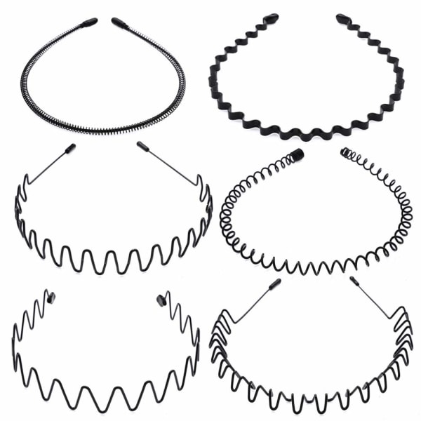 6 ST. Metallpannband Svart hårbåge Spring Wave Hårband Multi-Style Unisex Flexibla pannband Tillbehör för kvinnor män