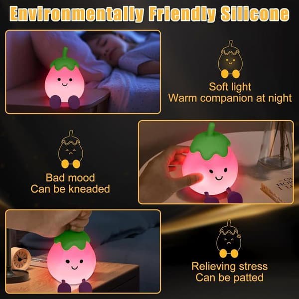 Aubergine Night Light for Kids, Kawaii Night Light for Kids with Timer Function, Rechargeable Silicone Night Light for Kids