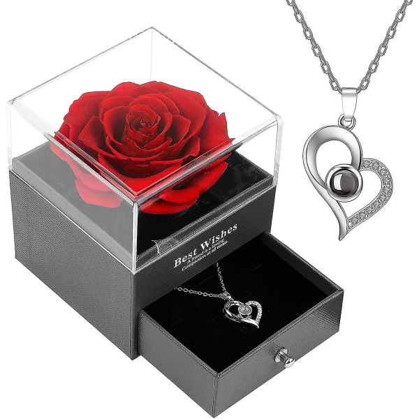 Bevaret ægte rose gaveæske med I Love You-halskæde til hende på fødselsdag, jubilæum, valentinsdag, mors dag
