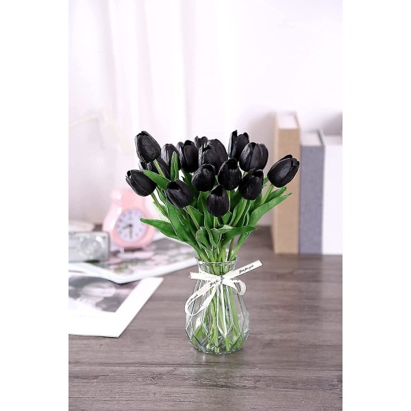 "20 stk tulipaner kunstige blomster ægte touch til fest hjemmebryllupsdekoration (sort)