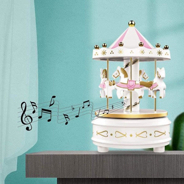 Karusell musikkboks - Easy Twist, Hvit - Klassisk dekor for 4 hester, Melody Beethovens pels Elise. Sov til musikklys eller pynt kaken din