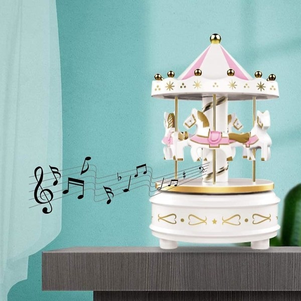 Karusellmusiklåda - Easy Twist, Vit - Klassisk inredning med 4 hästar, melodi Beethovens Für Elise. Somna till musik, ljus eller dekorera din tårta