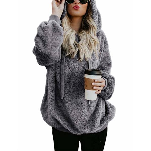 Damegenser med hette i teddyfleece, høst og vinter Dark grey L