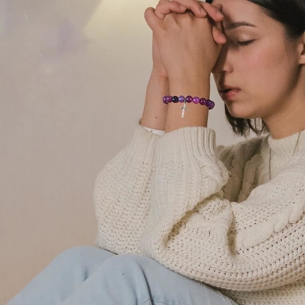 Armband med kors av natursten med bibelvers, bönkort, kristna religiösa inspirerande smycken, presenter till kvinnor och flickor A A