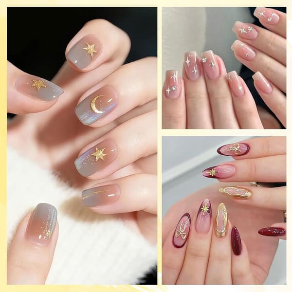 3D Stjärn- och Kaviar Pärlor Nageldekor - Guld och Silver Multi-Form Design för Elegant Manikyr