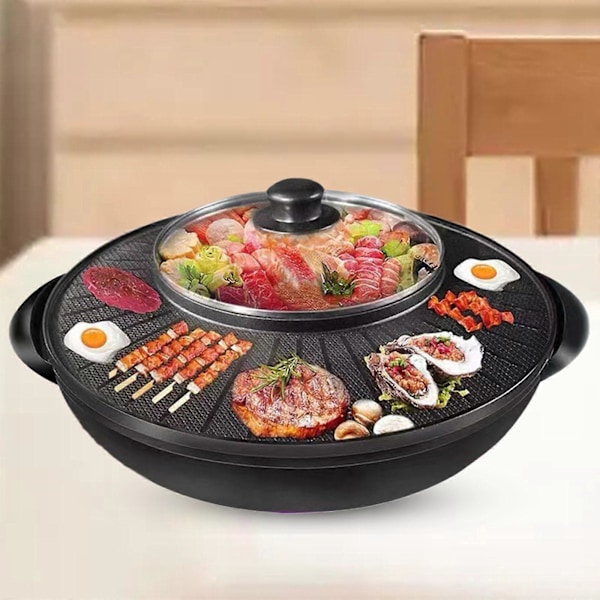 Elektrisk Grill och Hot Pot 2 i 1 Portabel Köksutrustning Rund Multifunktionell Koreansk BBQ för Familj Inomhus Picknick Camping Utomhus_xx 34cm