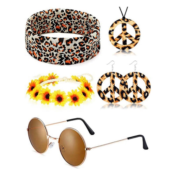 \"Hippies Fredshalsband I 60-tals Party Kostym Örhängen Huvudduk Leopardmönstrade Tillbehör Retro Hårband Glasögon-Yvan\" B1 B1 Uniform code