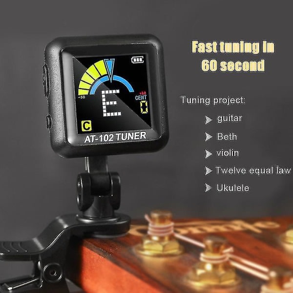 Genopladelig Clip-On Tuner til alle instrumenter - Bas, Ukulele, Violin, Mandolin og Banjo - Sort