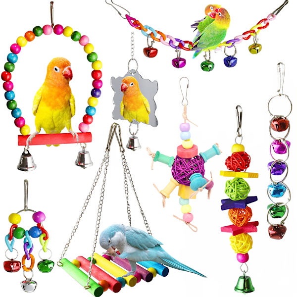 8 kpl Lintujen leluja Budgies- ja Papukaijalle - Ripustuvat kello- ja heijastinlelut, pureskelulelu papukaijoille ja linnuille