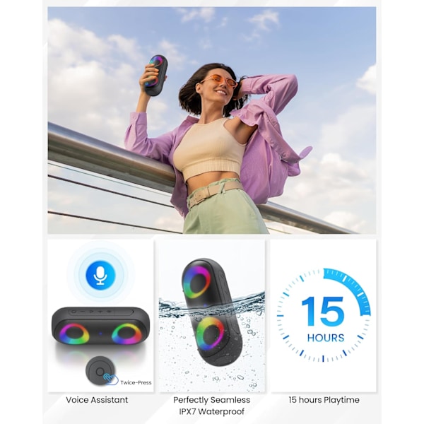 Bluetooth-høyttalere med lys, 30W bærbare Bluetooth-trådløse (100 fot rekkevidde) høyt stereolyd, IPX7 vanntett dusjhøyttalere