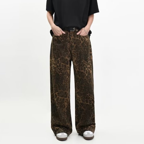 Tan Leopard Jeans Dame denimbukser Bukser med brede ben leopardprint leopard print XL