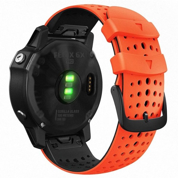 Quickfit 26mm Silikoni Pehmeä Urheilullinen Vedenpitävä Hengittävä Ranneke Garmin Fenix 5X Plus, Fenix 6X Pro/Sapphire, Enduro, Tactix Bravo Orange-svart