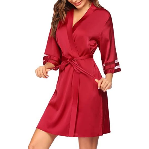 Naisten satiinikylpytakki Kevyt kimonokylpytakki Bell Sleeve Morsiusneito Morsiusjuhlatakit ----- Punainen (koko XL)