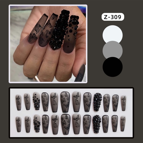 Tryck på naglar Lång kista falska naglar Svarta lösnaglar med 3D Rhinestone Butterfly Design Matt Full Cover Stick on Nails för kvinnor