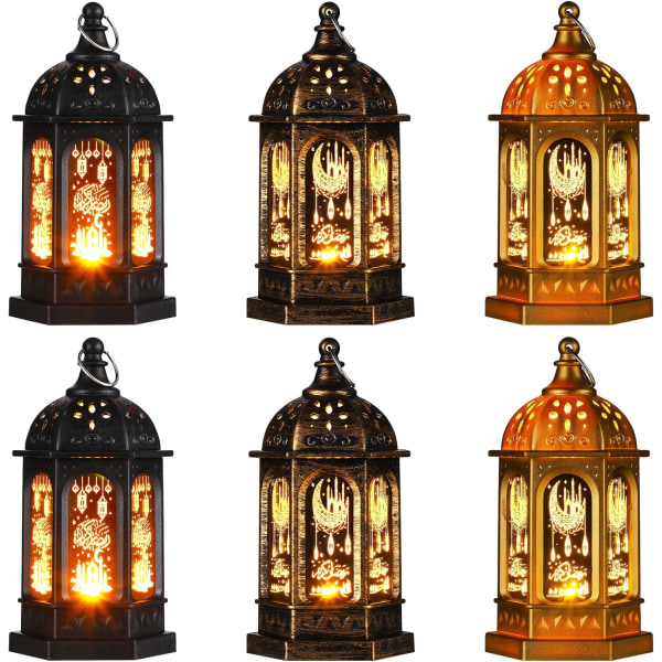 6 kpl Ramadan-lyhty marokkolaistyylinen vintage koristeellinen LED-kynttilöitä ripustettava lyhty Paristokäyttöinen