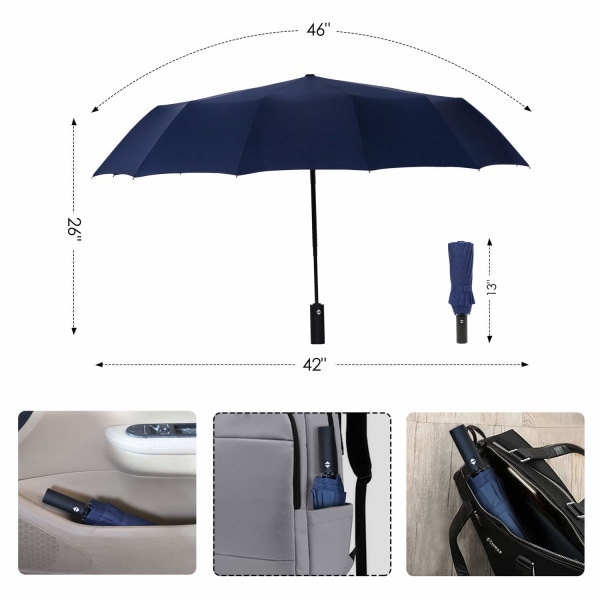 12 Ribs Puinen Kädessä pidettävä taitettava sateenvarjo Tuulenpitävä  Kompakti Matka, Automaattisesti avautuvat/sulkevat suuret sateenvarjot  teflonpinnoitteella - Sininen (12 Ribs-Navy) ec5d | Fyndiq