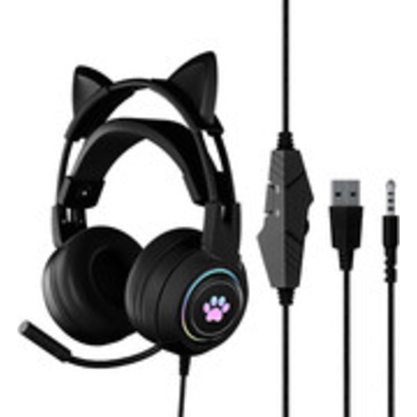 Kablet Gaming Headset Cute Cat Ear RGB Baggrundsbelysning Over-ear hovedtelefon Støjreducerende mikrofon Surround Sound til bærbar computer Black