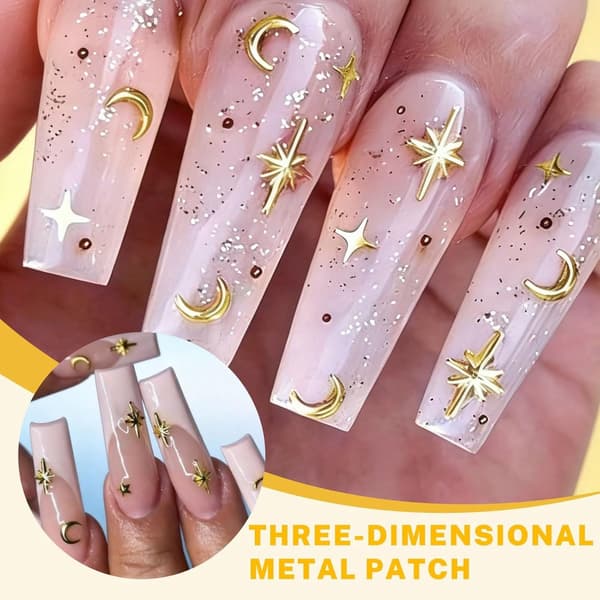 3D Stjärn- och Kaviar Pärlor Nageldekor - Guld och Silver Multi-Form Design för Elegant Manikyr
