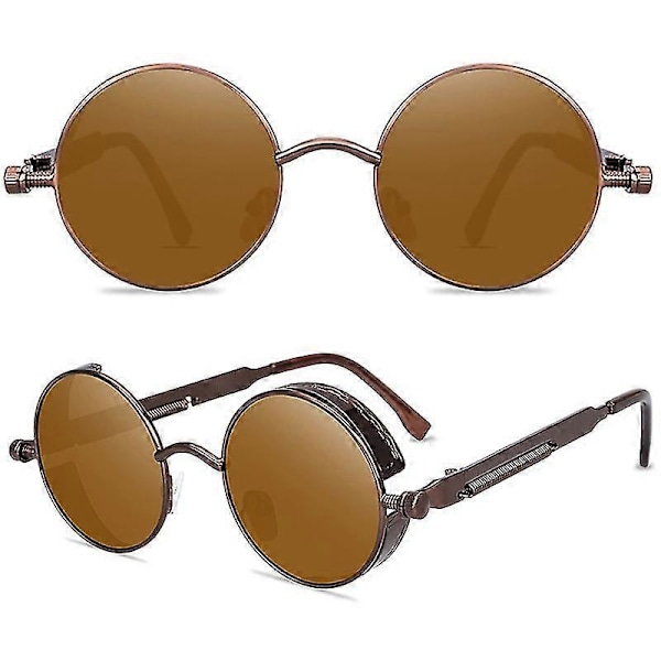 Vintage Polariserede Steampunk Runde Solbriller til Mænd, Stilfuld Db Brown Frame Brown Lenses