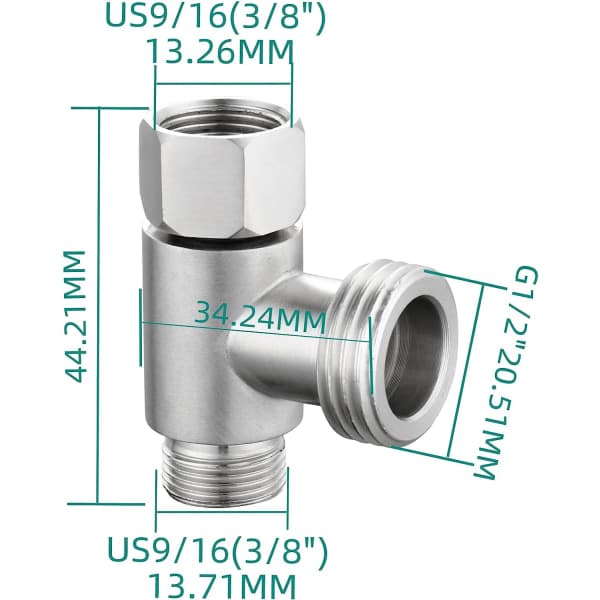 3-vejs 3/8\" og 1/2\" 3-vejs adapter T-stykke rustfrit stål 3/8\" vandrør T-stik børstet nikkel