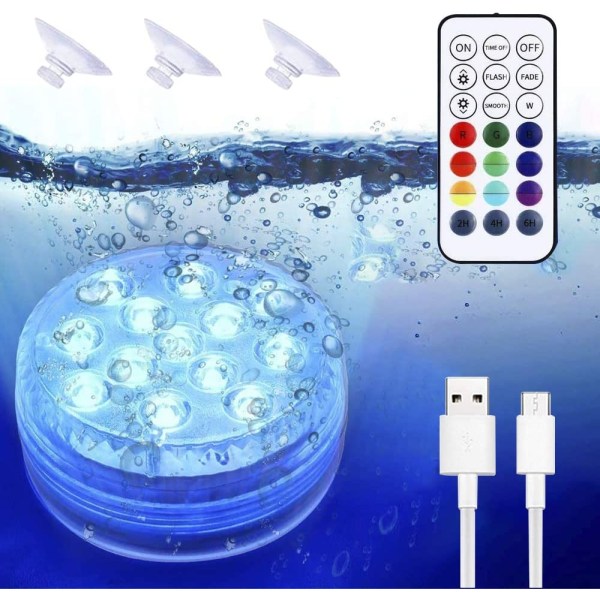Poolbelysning Undervattensljus, USB uppladdningsbar, flerfärgad Rgb-13-led med RF-fjärrkontroll