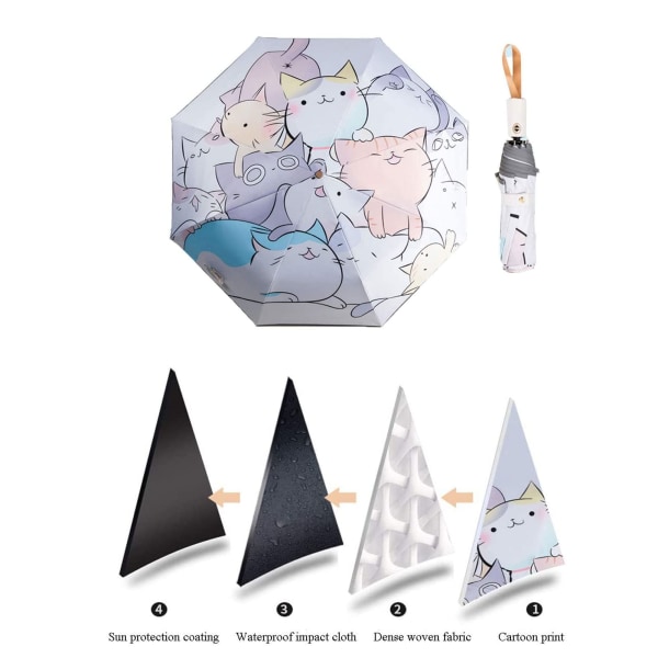 Med Cat Cartoon Stark vindtät och UV-skydd, fällbart paraply för barn automatiskt