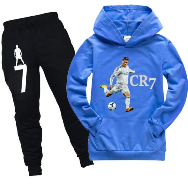 Barn Pojkar CR7 Ronaldo- set Huvtröja collegepaita Huvtröja Byxor Outfit Blue Blue 130cm