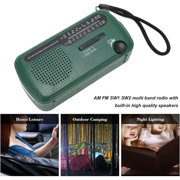 AM/FM/SW1/SW2 Handvev & Solcellsradio, Batteridriven Radio med LED-ficklampa, Solcellsradio