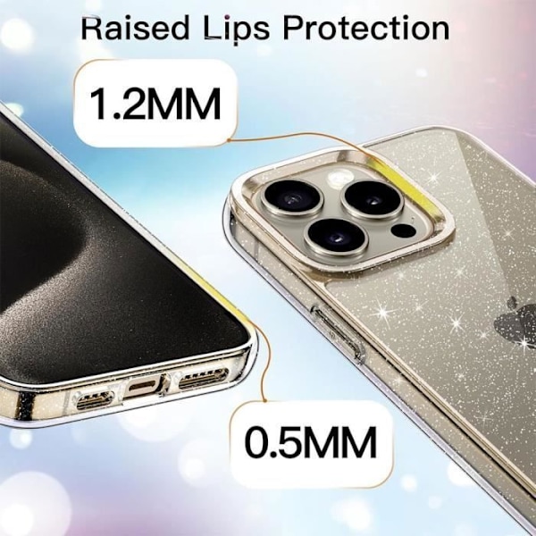 Kuoret ja 2 karkaistua lasia iPhone 16 Pro:lle, läpinäkyvä naarmuuntumaton kuori glitter-efektillä