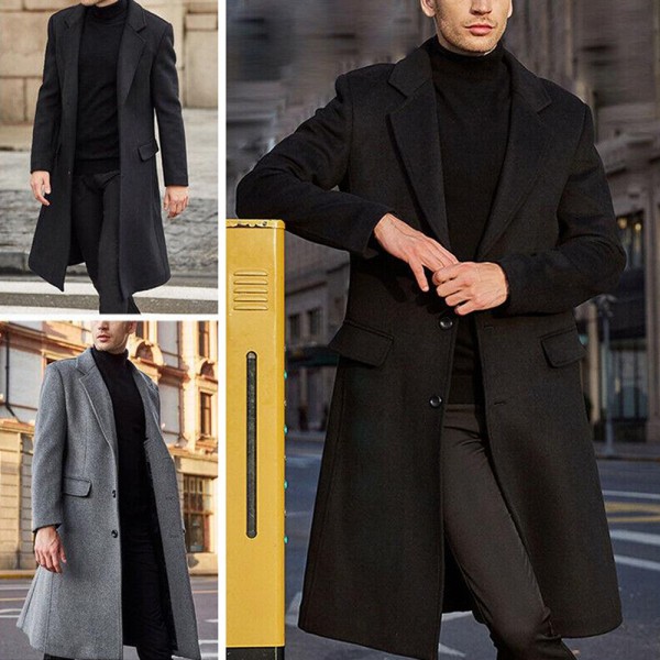 Herrjacka lång trenchcoat herr Trenchcoat enkelknäppt Svart Black 2XL