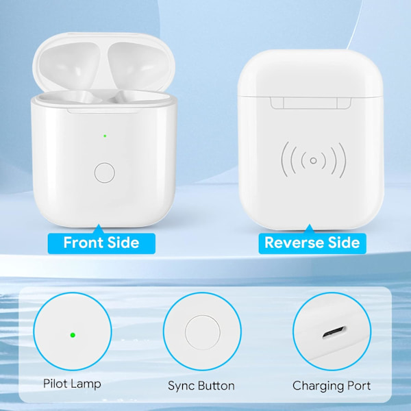 Ladingetui for trådløs lading kompatibel med Air Pods 1. og 2. generasjon, ladeutskifting med synkroniseringsknapp Bluetooth