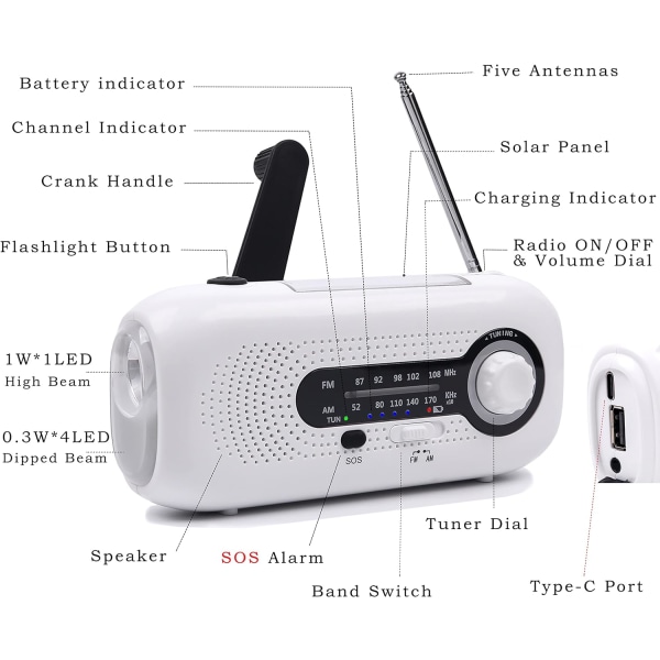 Vind opp radio, solcelledrevet håndsveiv bærbar nødradio AM/FM værradio, 2000mAh overlevelsesradio white