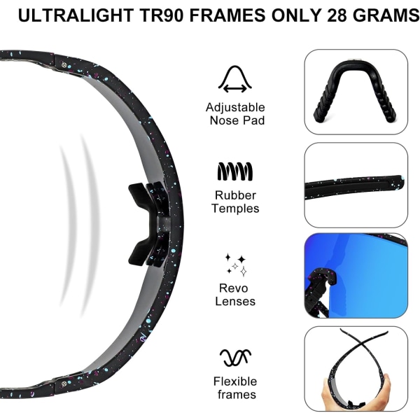 Polariserede Cykelbriller til Mænd og Kvinder, UV400 Beskyttelse Sports Solbriller til Baseball, Løb Black C & Blue Lens