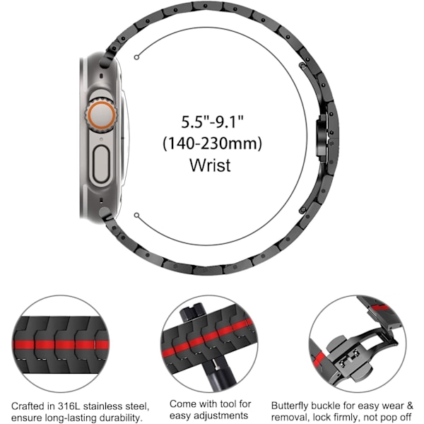 Apple Watch Ultra Miesten Ranneke 49mm 45mm 44mm 42mm Miesten Sarja Metalli Ranneke iWatchille Ruostumattomasta Teräksestä Musta/Punainen Black/Red 42/44/45/49mm