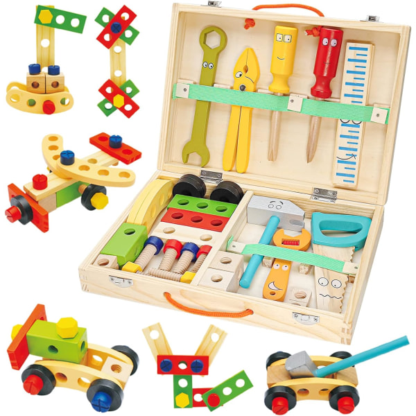 Träverktygsväska för barn, 34 stycken verktyg för barn, träleksaker,