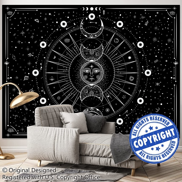 Sun Moon Tapestry Psykedelisk sort og hvid vægtapet Vægtapet til vægdekoration til hjemmet i soveværelset (Mystisk sort, 51,2x59,1 tommer, 130x150 cm)