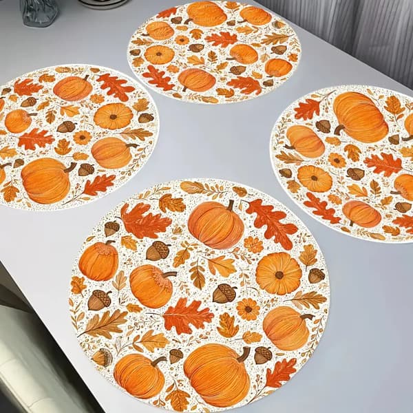 4-delt høstbrikkesett, håndtegnet høstdesign, gårdshus Thanksgiving borddekor, rund 35 cm 35*35