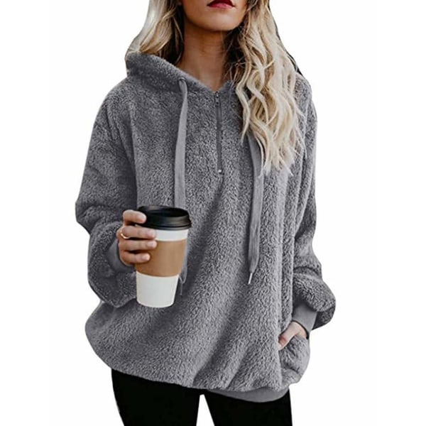 Dame Hoodie Teddy Fleece Trøje Efterår Vinter Dark grey XL