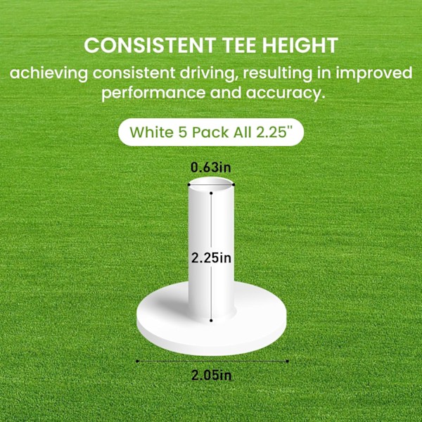 5 stk. Golf Gummi Tee til Driving Range, Blandede Størrelser eller Samme Størrelse til Træningsbane White 5 Pack All 2.25''