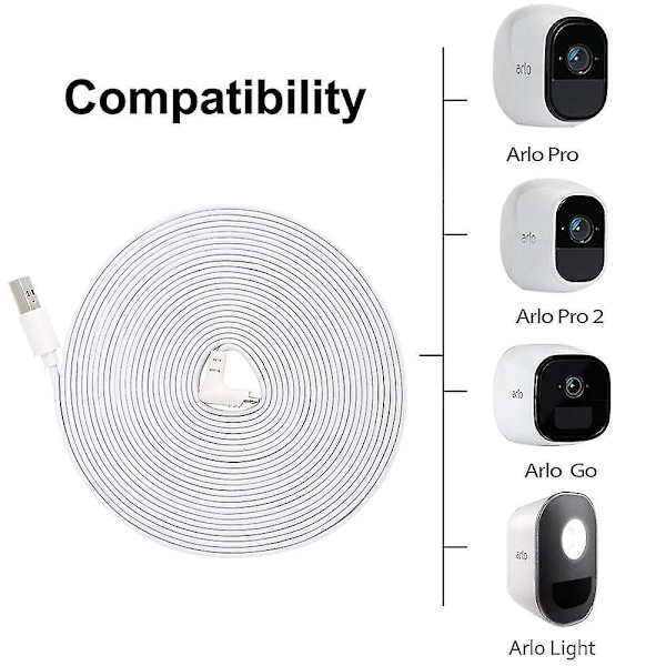 Vanntett 9m ladekabel med strømadapter for Arlo Pro 2/pro/go/light kamera Arlo kameratilbehør Hurtiglader (EU, Hvit)