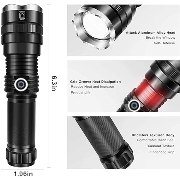 Uppladdningsbar LED-ficklampa med hög lumen, 4 lägen, zoombar ficklampa, USB-laddning, vattentät ficklampa för camping och vandring